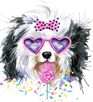 عکس با کیفیت نقاشی سگ سیاه سفید با پاپیون و آبنبات